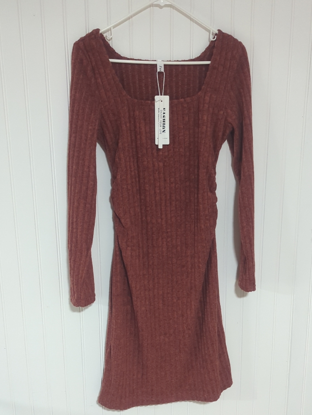 Ribbed Square-Neck Long Sleeve Dress
